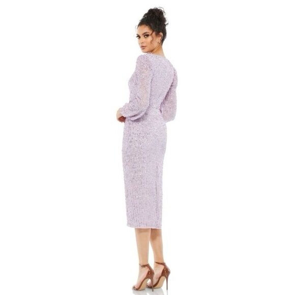 Mac Duggal Size 8 Purple 107641 Sequined Puff Sleeve V Neck Midi Cocktail Dress - Picture 3 of 12